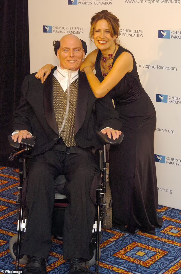 At the age of 42 in 1995, Superman star Reeve was left paralyzed from the neck down after being thrown from a horse during an equestrian competition in Culpeper, Virginia . He relied upon a wheelchair and ventilator for the rest of his life.  pictured in 2003 with wife Dana)